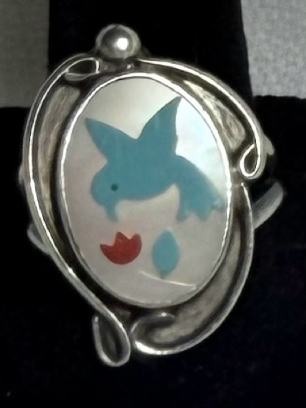 Zuni Style Bird Ring in Mother of Pearl, Turquoise and Coral Inlay-Size 8